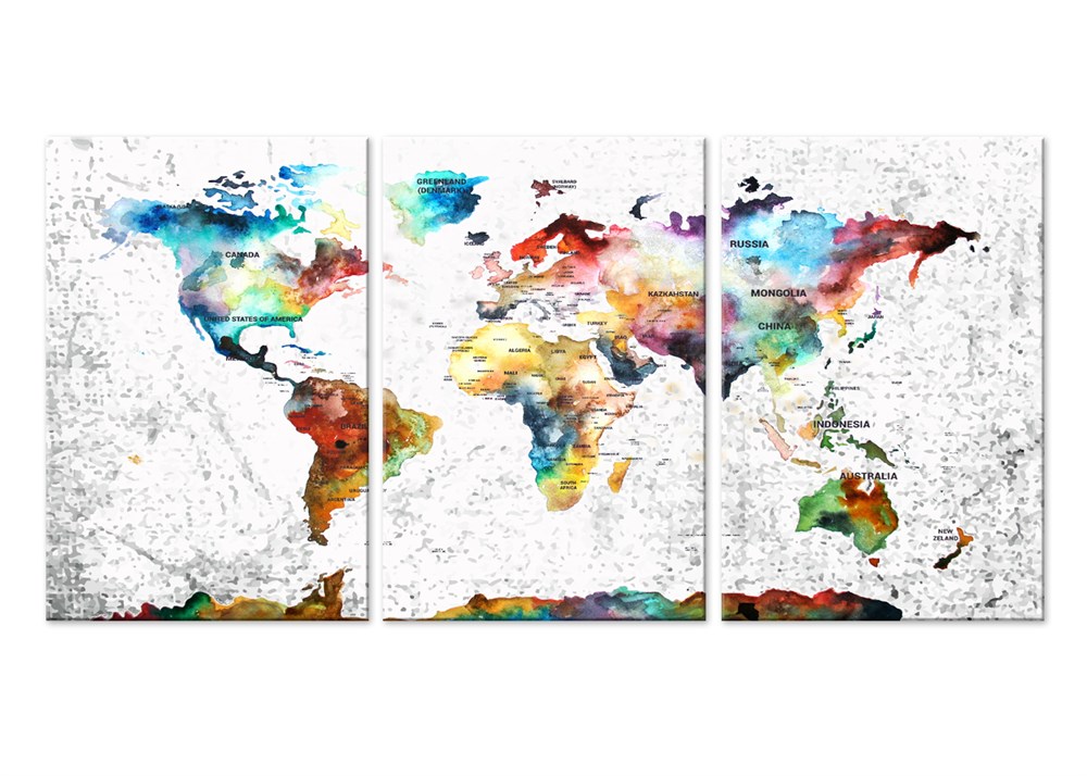 Renkli Dünya Haritası 3 Parça Kanvas Tablo