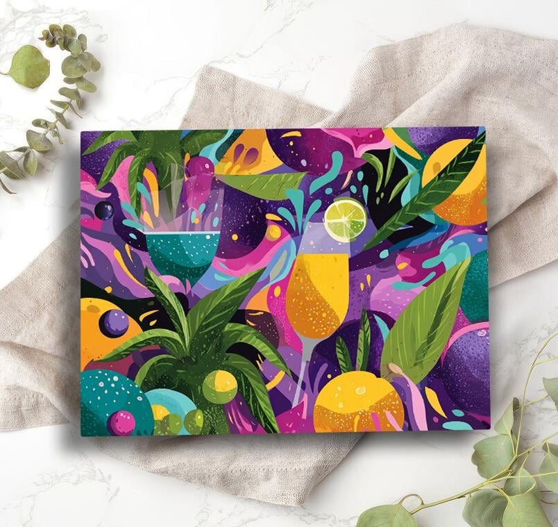 Renkli Kokteyl ve Tropikal Desenli Temperli Cam Kesme Tahtası 20x30 cm | Hijyenik ve Dayanıklı