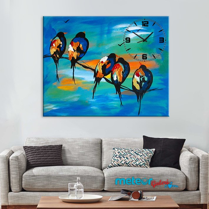 Renkli Kuşlar Saatli Kanvas Tablo
