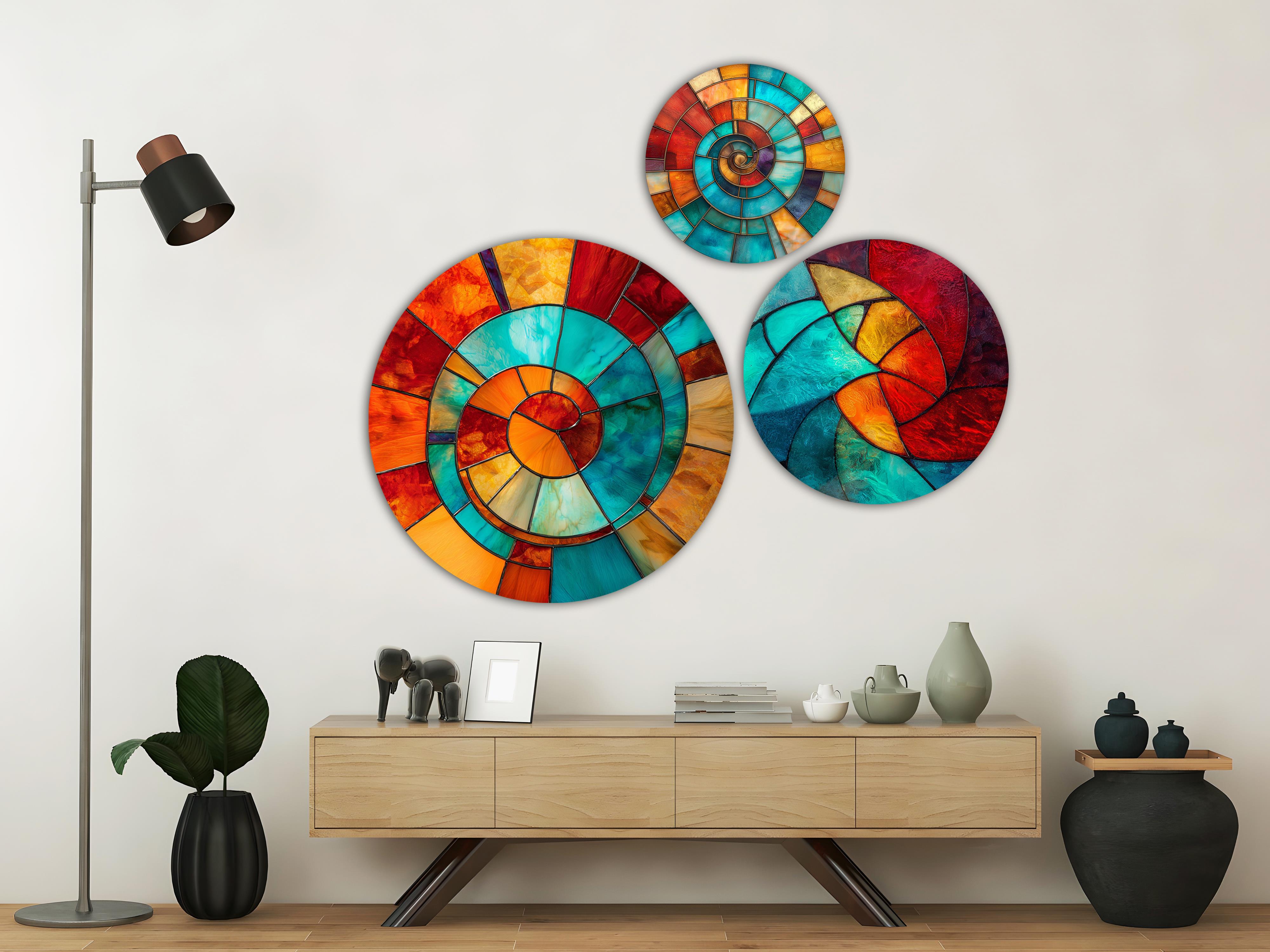 Renkli Spiral Desenli 3'lü Yuvarlak Temperli Cam Tablo Seti | Modern Soyut Cam Duvar Dekoru