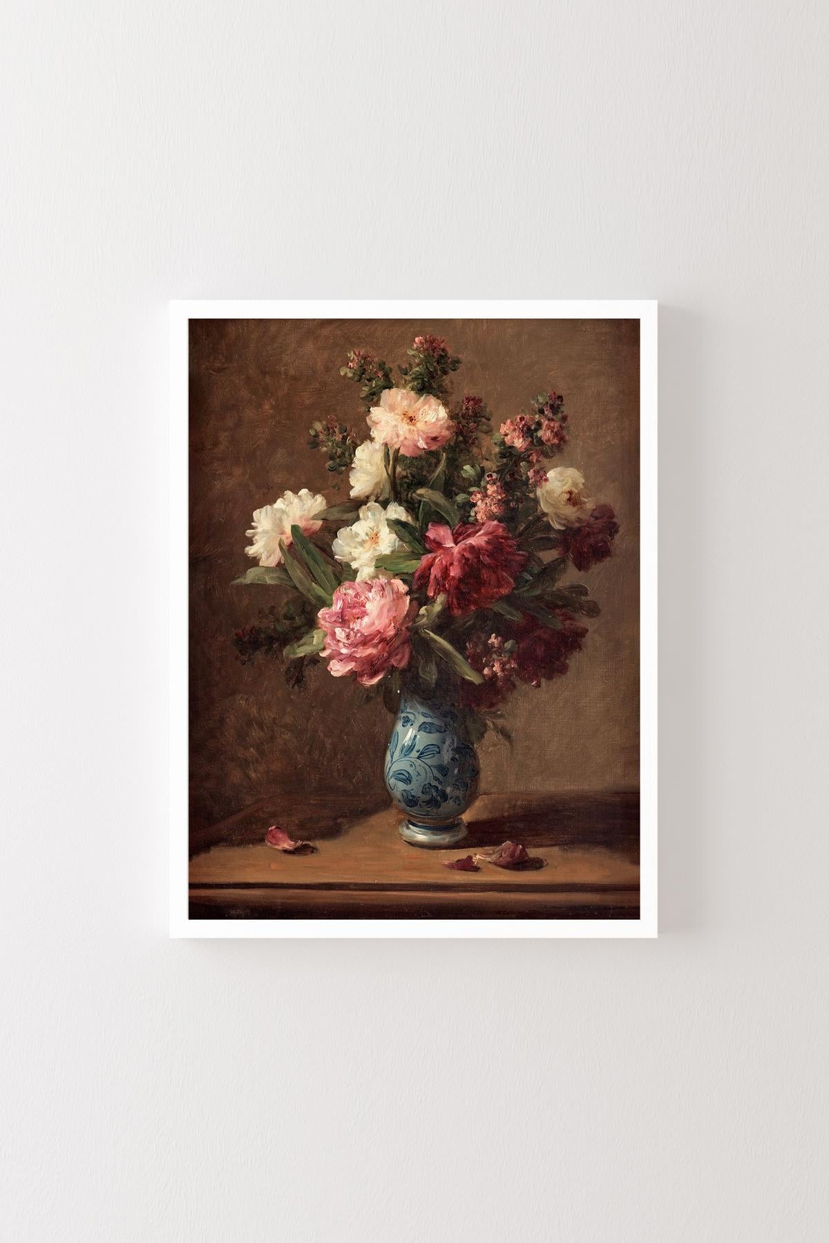 Şakayıklı Natürmort Çiçek Buketi Klasik Vintage Çerçeveli Duvar Tablosu Dekoratif Poster – Naturel Çerçeve