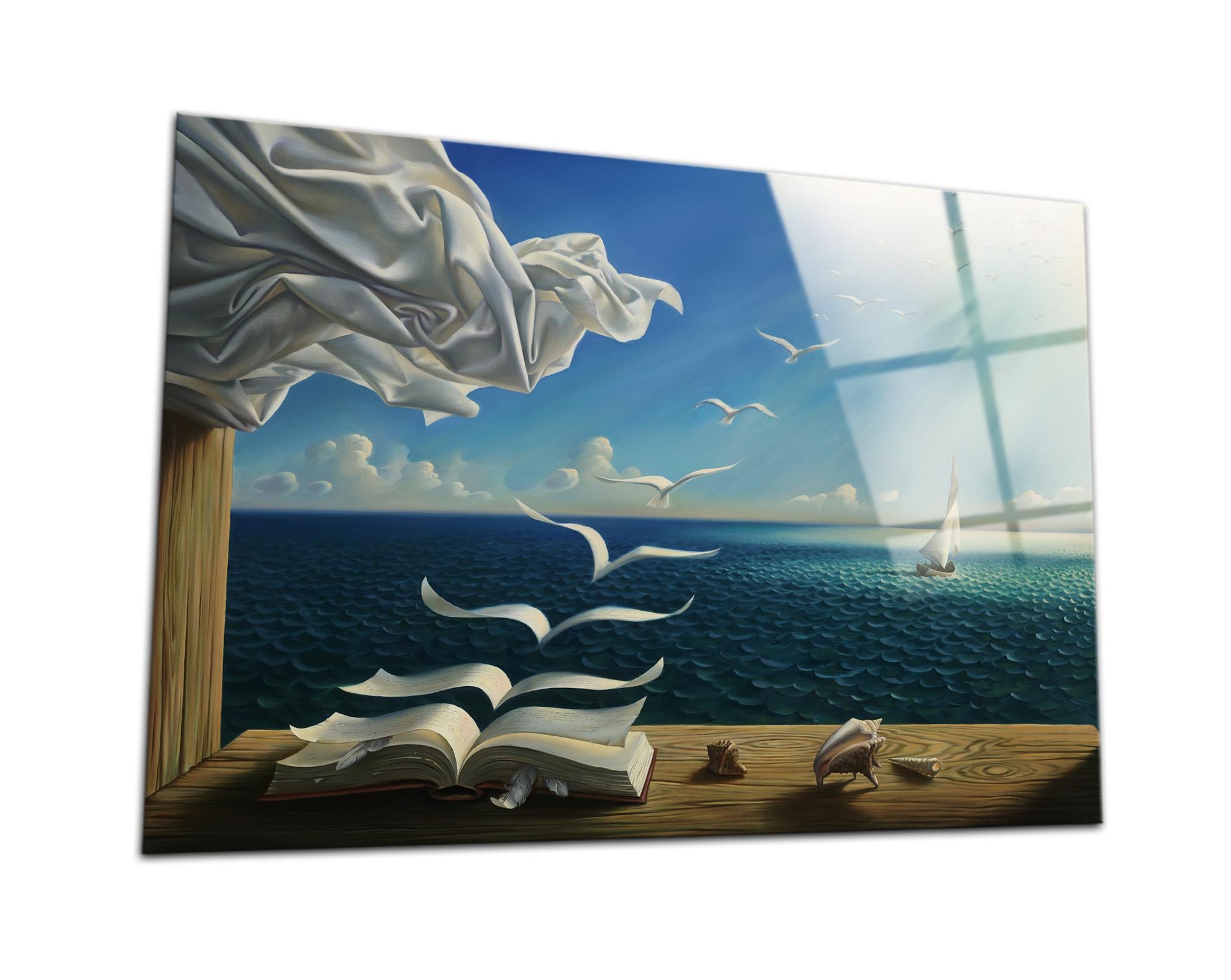 Salvador Dali Dalgalar Kitap ve Yelkenli Cam Tablo