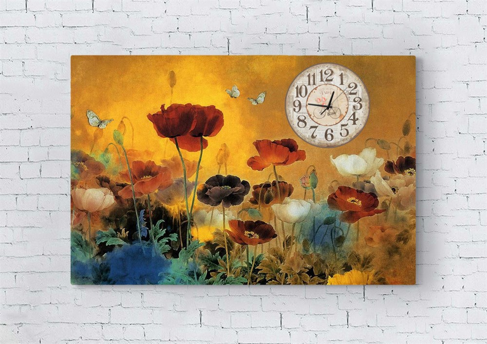 Sarı Turuncu Çiçeklerle Kelebekli Saatli Kanvas Tablo