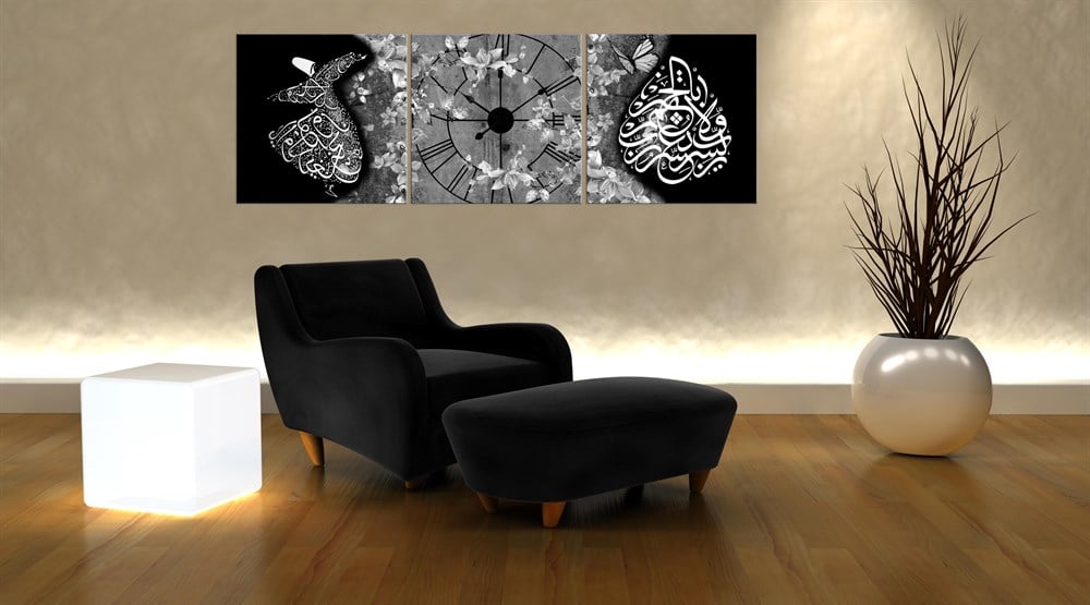 Semazen Ve Tuğra logosu Dekoratif Saatli 3 Parça Kanvas Tablo 