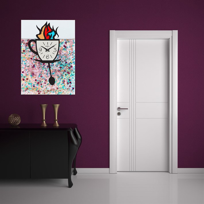 Simli Arkaplanlı Stilize Bardak Şeklinde Saatli Tek Parça Kanvas Tablo