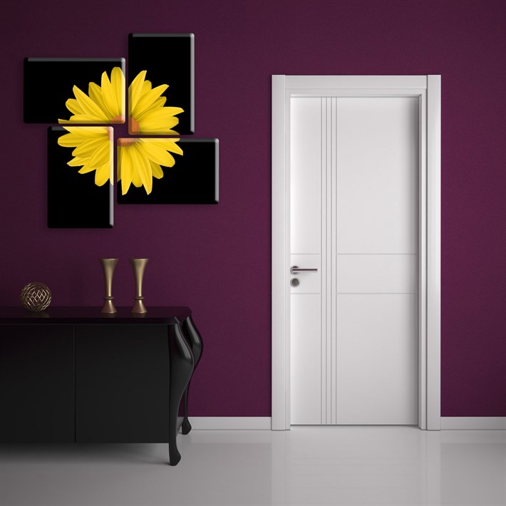 Siyah Arka Plan Üzerinde Sarı Çiçekli Dekoratif 4 Parçalı Tablo