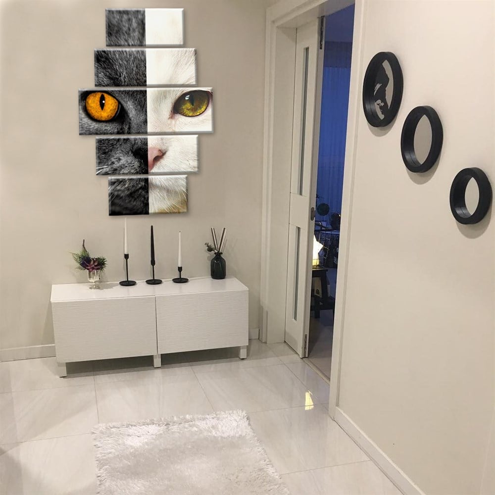 Siyah Beyaz Kedi Kafası Dekoratif 5 Parça Kanvas Tablo