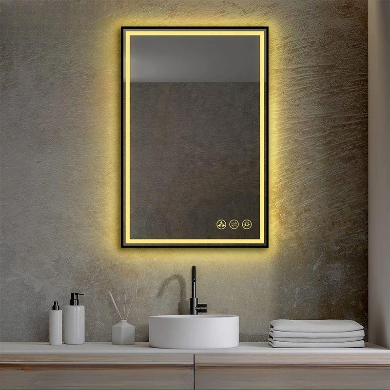 Siyah Boyalı Kenarlı LED Banyo Dikdörtgen Ayna, Ön ve Arka Aydınlatmalı Makyaj Aynası, Kısılabilir Dokunmatik Düğme ve Buğu Önleyici (İsteğe Bağlı) Fonksiyonlu, Duvara Monte Akıllı Tıraş Aynası, Çoklu Işık Seçeneği