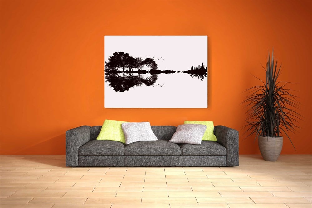 Siyah renkli gitar ve şehir sliüetli kanvas tablo canvas hediye duvar panosu