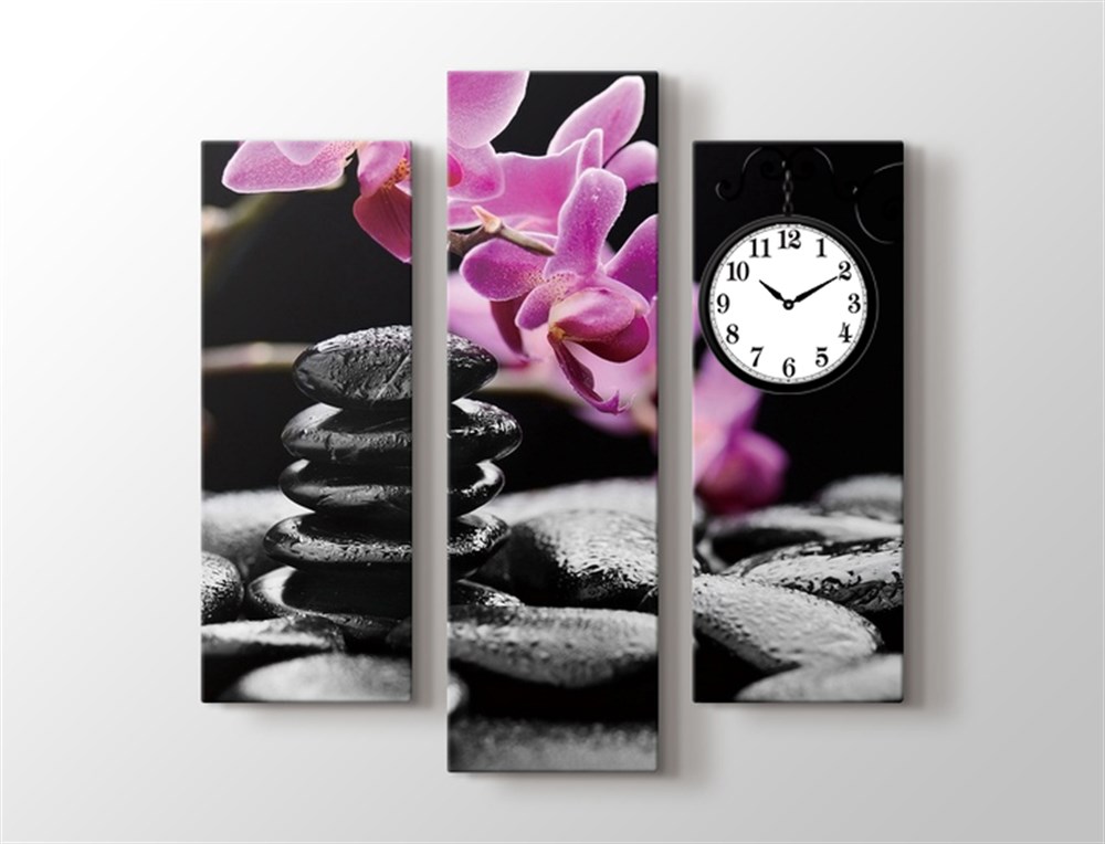 Siyah Taşlar Ve Pembe Çiçekler Saatli Dekoratif Kanvas Tablo