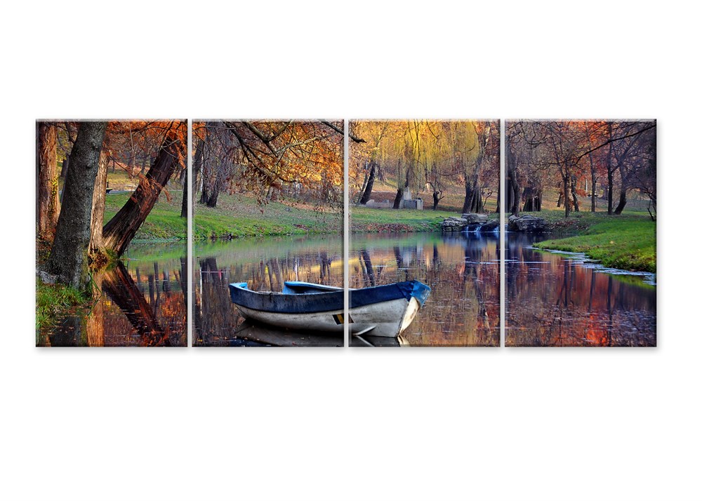 Sonbahar Doğa Temalı Sandallı  4 Parça Kanvas Tablo
