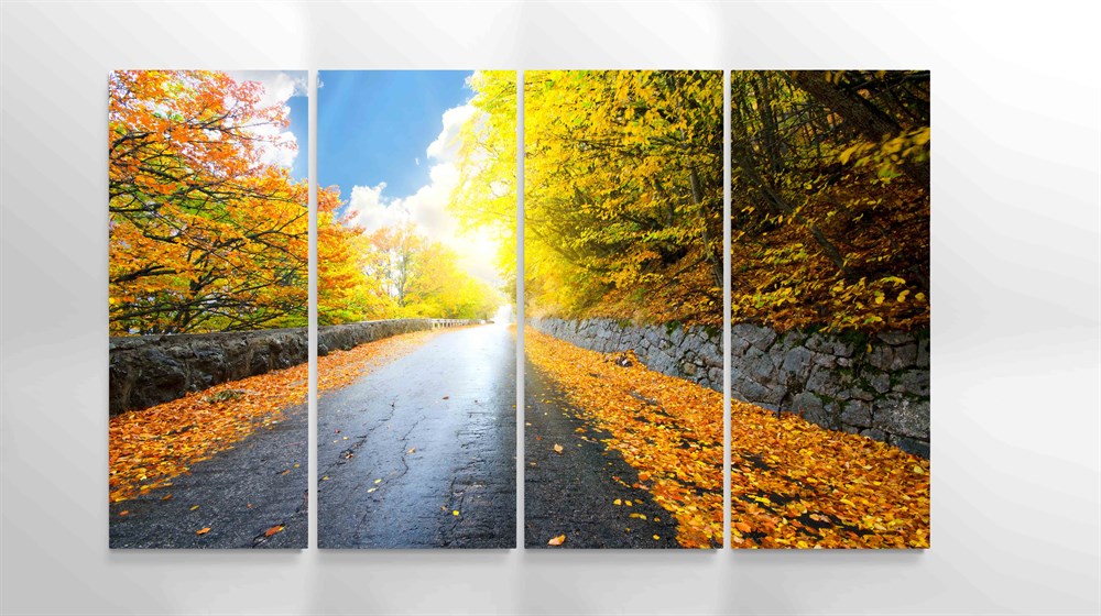 Sonbahar Yaprakları ve Yol Manzaralı 4 Parçalı Kanvas Tablo
