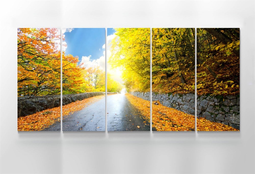 Sonbahar Yaprakları ve Yol Manzaralı 5 Parçalı Kanvas Tablo