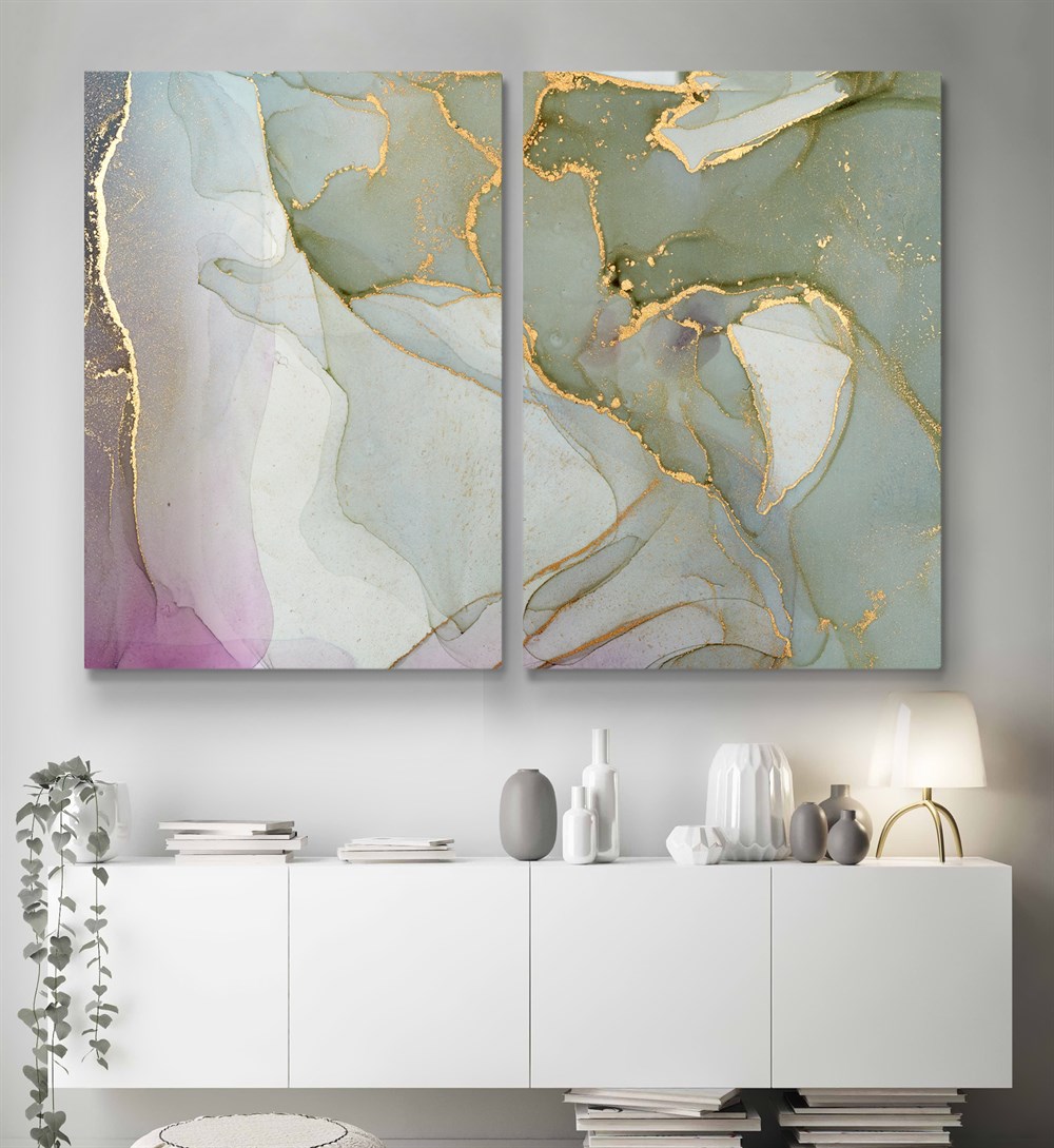 Soyut Yeşil Pembe Renkli Gold Rengi Detaylı Abstract Kanvas Tablo