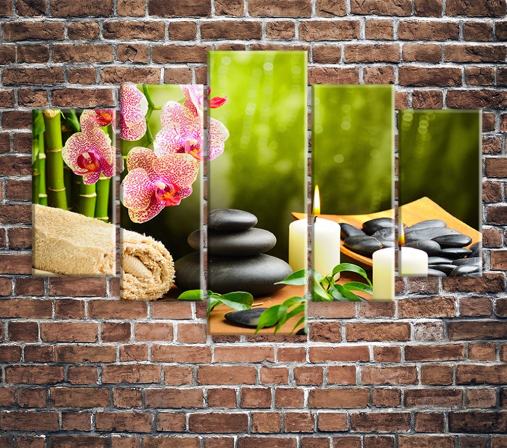 Spa Taşları Ve Pembe Çiçekler 5 Parça Kanvas Tablo
