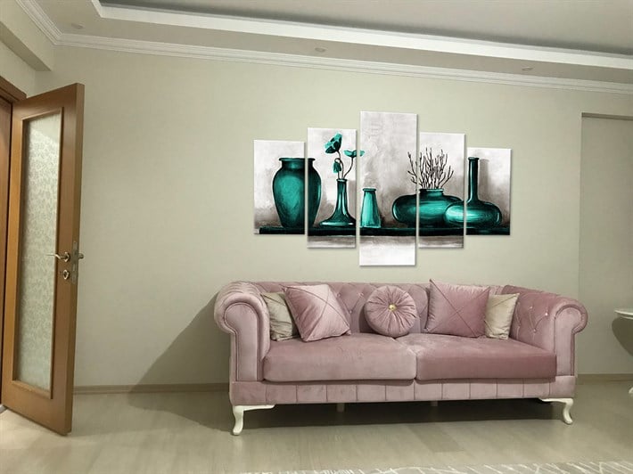 Su Yeşili Dekoratif Vazolar 5 Parça Kanvas Tablo 