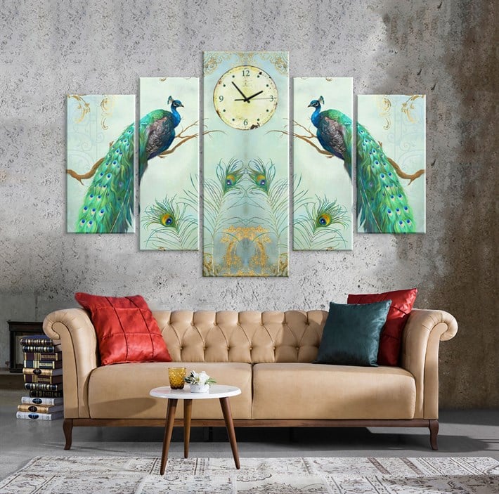 Tavus Kuşu Saatli 5 Parça Kanvas Tablo