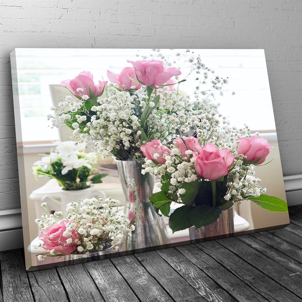 vazoda pembe çiçek dekoratif tablo