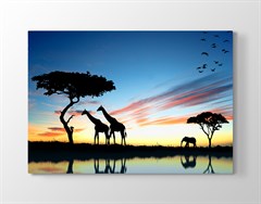 Zürafa ve Fil Resimli Afrika Manzaralı Kanvas Tablo
