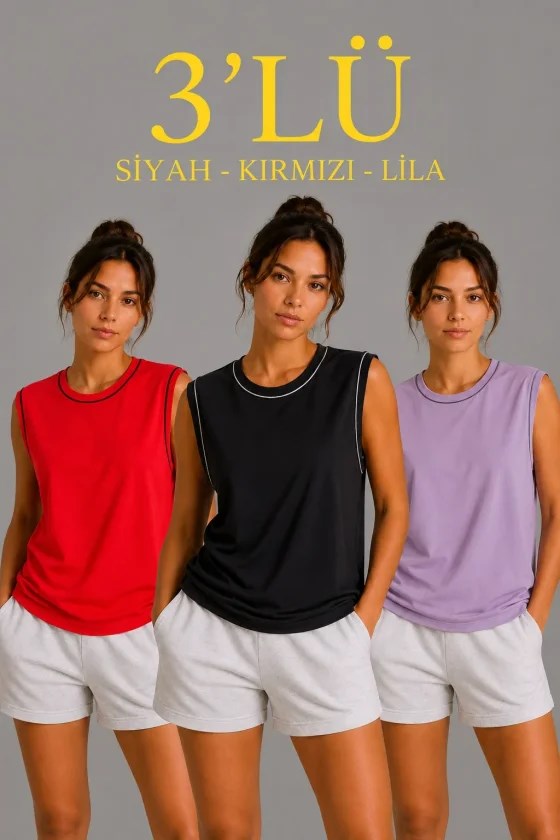 3’lü Kolsuz Sporcu Atlet Seti Yazlık Bisiklet Yaka - Siyah, Kırmızı, Lila