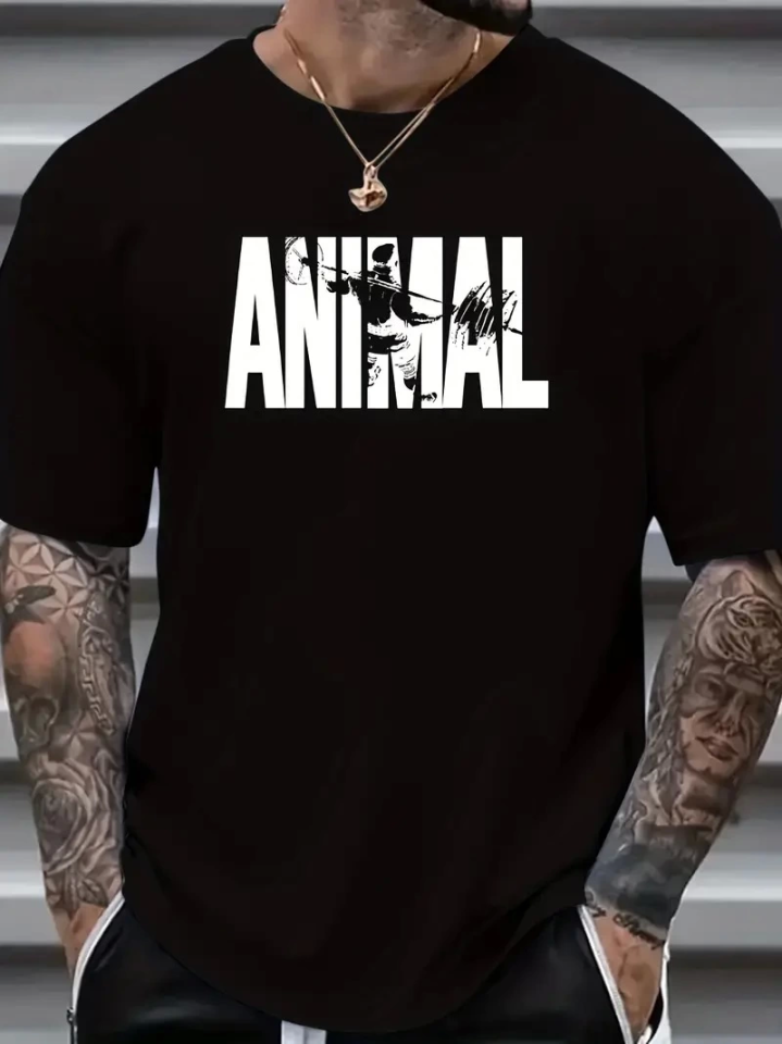 ANIMAL Desen Baskı Erkek Oversive Tişört, Grafik Tişört Erkek Yazlık Outdoor Kıyafetleri, Sporda Ve Günlük Giyime Uygun  - Siyah