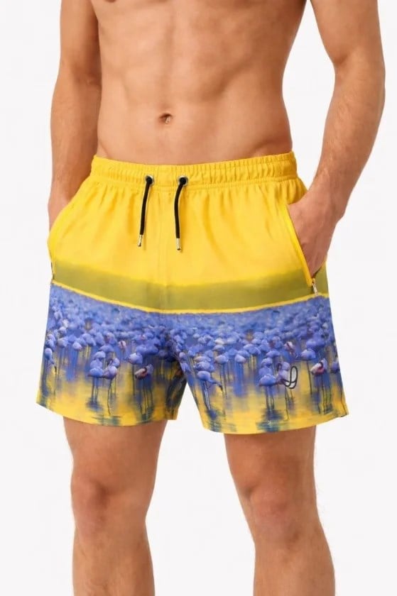 Erkek Deniz Şortu Fermuarlı Cepli File Astarlı Hızlı Kuruyan Premium - Sarı