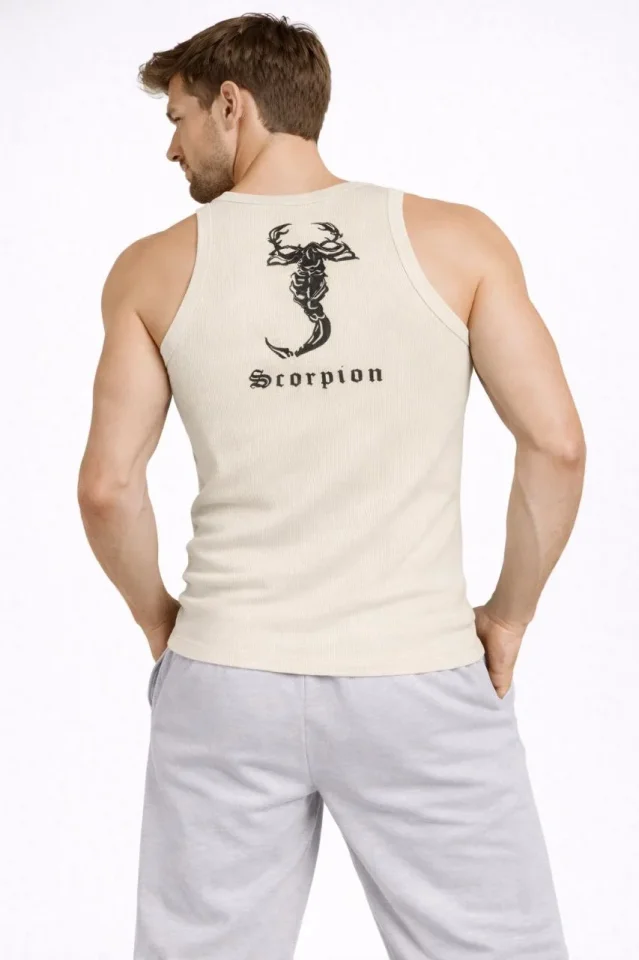 Erkek Fitilli Atlet Sıfır Yaka Slim Fit Arka Baskılı Spor Atlet - Krem
