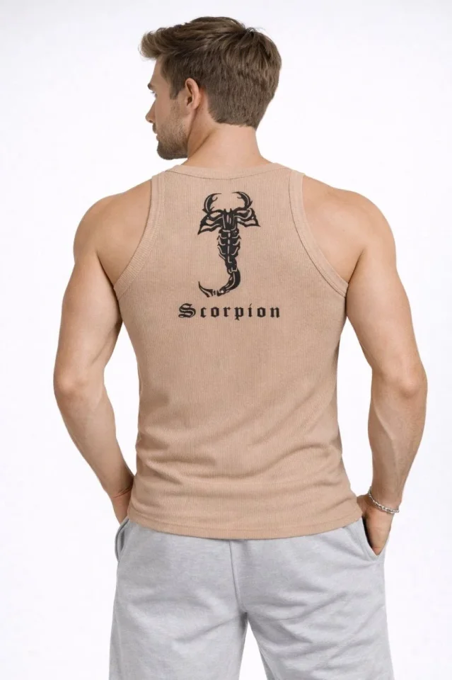 Erkek Fitilli Atlet Sıfır Yaka Slim Fit Arka Baskılı Spor Atlet - Bej