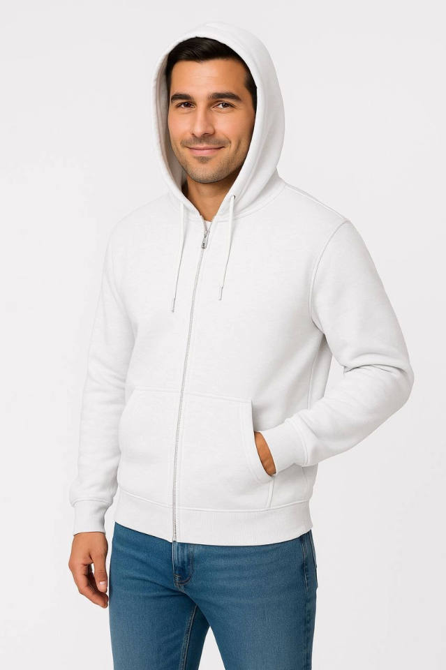 Erkek Üç İplik Kapüşonlu Tam Fermuarlı Kanguru Çepli SweatShirt Hoodie - Beyaz