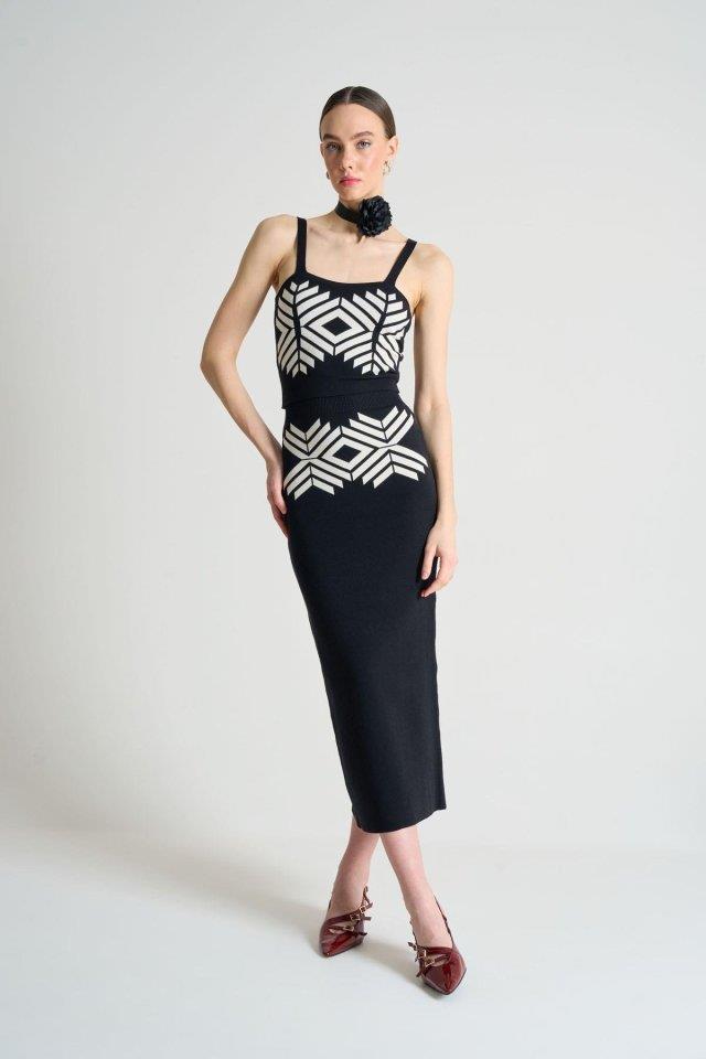 Jakarlı İnce Askılı  Triko Takım - Siyah-Beyaz Kayısı