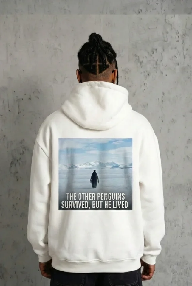 Siyah Oversize Hoodie - Sırt Baskılı Survivor Penguin Temalı, Felsefi Yazılı Kapüşonlu Sweatshirt - Beyaz
