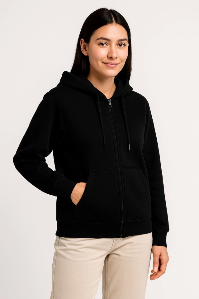 Üç İplik Kapüşonlu Tam Fermuarlı Kanguru Çepli SweatShirt Hoodie - Siyah