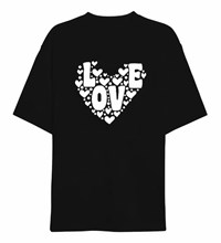 14 Şubat Sevgililer Günü Love Kalp Baskılı Oversize Bisiklet Yaka T-shirt - Siyah
