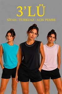 3’lü Kolsuz Sporcu Atlet Seti Yazlık Bisiklet Yaka - Siyah, Turkuaz, Pembe