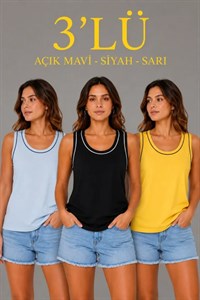 3’lü Kolsuz Sporcu Atlet Seti Yazlık Bisiklet Yakalı - Sarı, Siyah, Bebe Mavisi