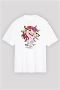 8 Mart Dünya Kadınlar Günü Baskılı Oversize Bisiklet Yaka T-shirt - Beyaz