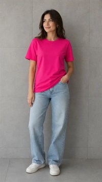 Basic Pamuklu Tişört Bisiklet Yaka Düz Renk Relaxed Fit T-Shirt - Fuşya