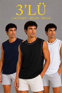Erkek 3’lü Kolsuz Sporcu Atlet Seti Yazlık Bisiklet Yaka - Siyah, Lacivert, Beyaz