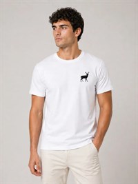 Erkek Minimal Geyik Logolu Tişört Bisiklet Yaka Kısa Kol Yazlık T-Shirt - Beyaz