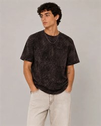 Erkek Yıkamalı Washed Effect Tişört Bisiklet Yaka Sokak Stil Kısa Kol T-Shirt - Füme