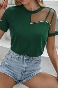 Kadın Kısa Kollu Tül Detaylı Taşlı Janjan Krep Bluz