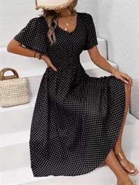 Kadın Kısa Kollu V Yakalı Beli Lastikli Midi Süprem Elbise