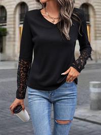 Kadın Uzun Kollu V Yakalı Dantelli Waffle Bluz