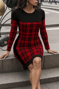 Kadın Uzun Kollu Yanları Siyah şerit Detay Kırmızı Ekoseli Dalgıç Elbise