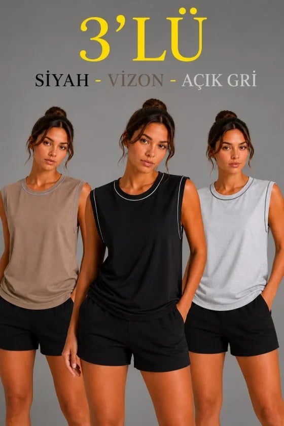 3’lü Kolsuz Sporcu Atlet Seti Yazlık Bisiklet Yaka - Siyah, Kahverengi, Gri