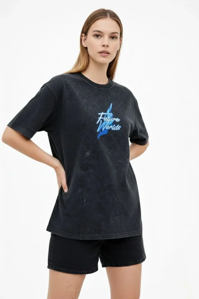 Asit Yıkamalı Oversize Tişört Future Worlds Baskılı Bisiklet Yaka Kısa Kollu Streetwear %100 Pamuk Street Style T-Shirt - Siyah