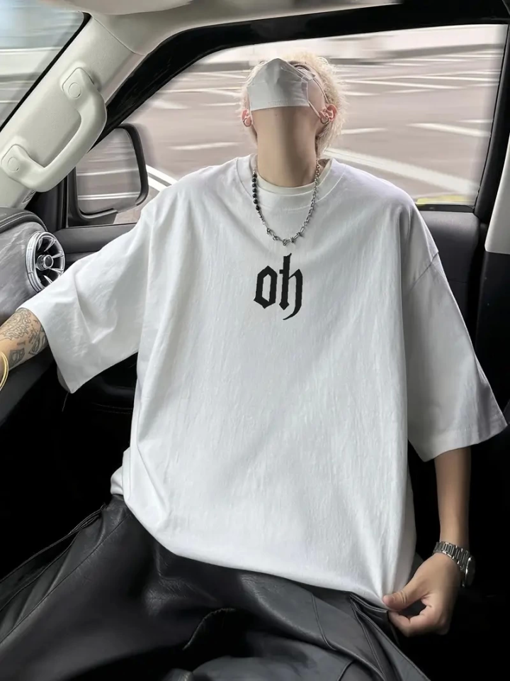 Baskılı Oversize Bisiklet Yaka T-shirt - Beyaz