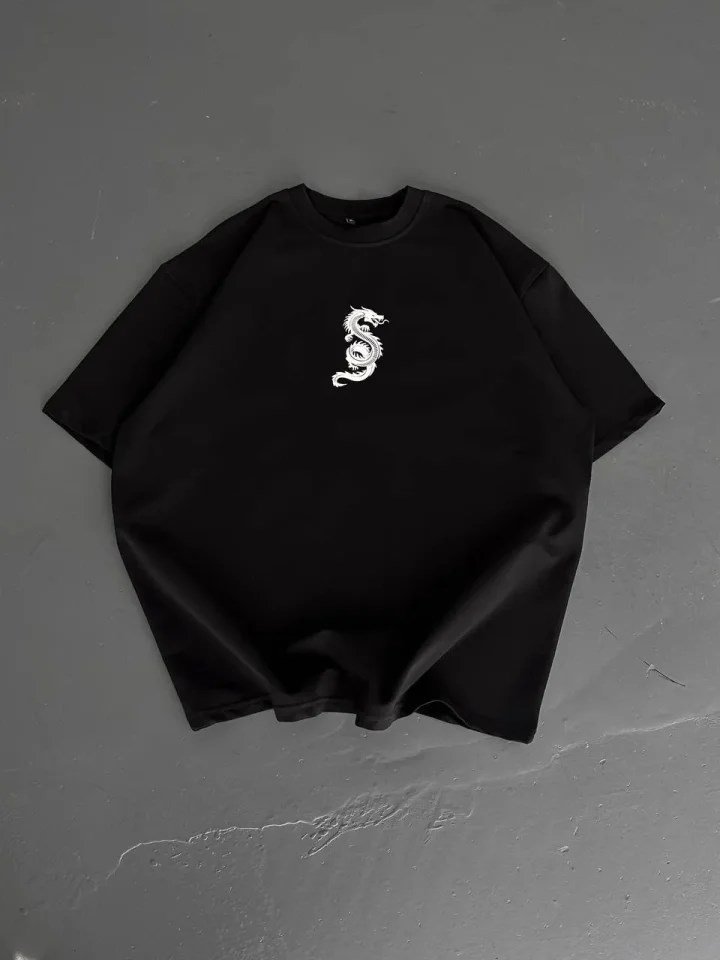 Baskılı Oversize Bisiklet Yaka T-shirt - Siyah