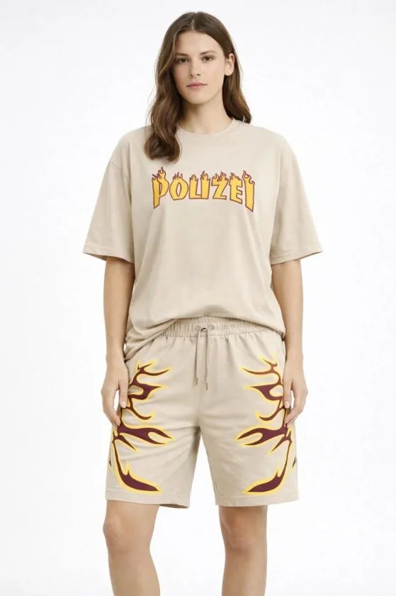 Bej Oversize Baskılı Tişört Şort Takım Cepli Şort Yazlık Rahat Günlük Kombin - Bej