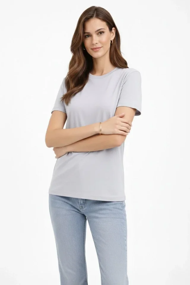 Bisiklet Yaka Tişört  Regular Kalıp Basic Pamuklu  Günlük Kullanım  T-shirt - Gri